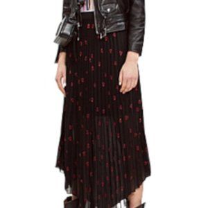 NWT Maje Black Jengo Embroidered Heart Midi Pleated Slit Skirt